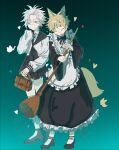  2boys absurdres alternate_costume animal_ear_fluff animal_ears apron atou_haruki bag black_dress black_footwear black_neckerchief black_sailor_collar black_skirt blonde_hair broom brown_bag chinese_commentary closed_eyes closed_mouth commentary_request dress elm_(xinjinjumin6457389) enmaided fox_boy fox_ears fox_tail frilled_apron frilled_dress frills gradient_background green_background heart highres holding holding_bag holding_broom kemonomimi_mode long_sleeves maid male_focus miniskirt multiple_boys neckerchief open_mouth otoko_no_ko pleated_skirt rectangular_eyewear saibou_shinkyoku sailor_collar school_uniform semi-rimless_eyewear shirt short_hair skirt smile tail white_apron white_hair white_shirt wide_sleeves 