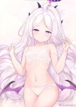  1girl ahoge bare_shoulders blue_archive blush bra breasts chiyami collarbone forehead halo hina_(blue_archive) horns long_hair looking_at_viewer multiple_horns navel panties parted_bangs purple_eyes small_breasts solo thighs underwear white_bra white_hair white_panties wings 