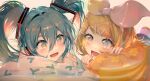  2girls aqua_eyes aqua_hair bare_shoulders blonde_hair blue_eyes blush bow double-parted_bangs feet_up floral_print hair_between_eyes hair_bow hair_ornament hairband hairclip hatsune_miku headset kagamine_rin long_hair looking_at_another lying medium_hair multiple_girls on_stomach open_mouth pillow saihate_(d3) smile spring_onion_print swept_bangs twintails vocaloid 