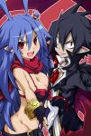  2boys belt bikini_top blue_hair breasts cleavage disgaea disgaea_d2 genderswap genderswap_(mtf) iwasi-r laharl laharl-chan large_breasts long_hair looking_at_viewer makai_senki_disgaea_4 multiple_boys open_mouth pointy_ears purple_hair red_eyes red_scarf scarf slit_pupils smile twintails valvatorez_(disgaea) white_background 