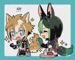  ! !! +_+ 2boys :d ^_^ animal_ear_fluff animal_ears aqua_border armor asymmetrical_sleeves bandaged_arm bandages black_collar black_gloves black_hair blunt_ends blush border bottle brown_hair clenched_hands closed_eyes collar commentary_request crop_top dog_boy dog_ears dog_tail fang fox_boy fox_ears fox_tail genshin_impact gloves gorou_(genshin_impact) green_hair grey_pants hair_between_eyes hair_brush hands_up holding holding_hair_brush hood hood_down hoodie igote japanese_armor japanese_clothes long_sleeves male_focus mugime_(oretekisunshine) multicolored_clothes multicolored_hair multiple_boys open_mouth outside_border pants pouch purple_sash rope sash shimenawa short_eyebrows short_hair short_sleeves shoulder_armor sidelocks simple_background single_sode smile sode sparkle streaked_hair table tail tail_brushing tassel tighnari_(genshin_impact) v-shaped_eyebrows vision_(genshin_impact) white_background white_hair 