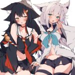  2girls absurdres ahoge animal_ear_fluff animal_ears aqua_eyes black_hair black_necktie black_serafuku black_shirt black_shorts black_skirt black_sleeves blush breasts choker detached_sleeves fang fox_ears fox_girl fox_tail hair_ornament hairpin highres hololive hood hoodie long_hair looking_at_viewer medium_breasts multicolored_hair multiple_girls navel necktie ookami_mio ookami_mio_(1st_costume) open_mouth orange_eyes red_choker red_hair school_uniform serafuku shirakami_fubuki shirakami_fubuki_(1st_costume) shirt shorts skin_fang skirt streaked_hair tail tntl_nemui virtual_youtuber white_hair white_hoodie white_sleeves wolf_ears wolf_girl wolf_tail 