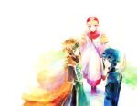  blonde_hair bodysuit breasts cape commentary_request curly_hair dragon_quest dragon_quest_ii dress goggles goggles_on_head goggles_on_headwear hat hood hood_up kuzumosu long_hair looking_at_viewer multiple_boys prince_of_lorasia prince_of_samantoria princess_of_moonbrook short_hair spiked_hair white_robe 