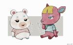  2girls :3 :d animal_crossing animal_ear_piercing aqua_eyes aqua_shirt artist_name black_eyes blonde_hair blush border bright_pupils closed_mouth commentary_request deer_girl ear_piercing eyelashes flurry_(animal_crossing) fuchsia_(animal_crossing) furry furry_female grey_background hamster_girl hand_up highres kaji_(oni_atat) looking_at_another multiple_girls open_mouth outside_border piercing pink_shirt shirt short_sleeves simple_background sitting smile striped_clothes striped_shirt t-shirt translation_request twitter_username two-tone_shirt white_border white_pupils white_shirt 