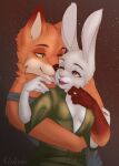2024 absurd_res anthro bottomwear breasts brown_nose canid canine clothed clothing digit_ring digital_media_(artwork) disney duo embrace eye_contact family female fox fur green_eyes grey_body grey_fur hi_res hug jewelry judy_hopps lagomorph larger_male leporid licking looking_at_another looking_at_partner love male male/female mammal multicolored_body multicolored_fur nick_wilde orange_body orange_fur pink_nose purple_eyes rabbit red_fox ring romantic romantic_couple size_difference sleeveless smaller_female smile standing tongue tongue_out valeris wedding_ring zootopia