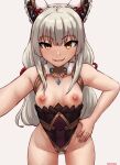  1girl animal_ears artist_name breasts breasts_out chest_jewel cowboy_shot grey_hair hand_on_own_hip highleg highleg_leotard highres leotard long_hair looking_at_viewer nia_(blade)_(xenoblade) nia_(xenoblade) nipples open_mouth seraziel simple_background small_breasts smile solo xenoblade_chronicles_(series) xenoblade_chronicles_2 