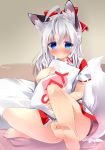  5_toes akiaki_fa animal_humanoid anthro barefoot blue_eyes blush clothed clothing feet female fox_humanoid fur hair humanoid humanoid_feet inner_ear_fluff looking_at_viewer pillow smile soles solo toes white_fur white_hair yes_pillow 