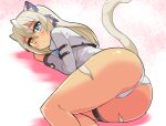 1girl animal_ears ass blue_eyes body_markings cat_ears cat_girl cat_tail commentary cougar_(cougar1404) heterochromia jacket light_frown long_hair long_sleeves looking_at_viewer looking_back lying on_side panties silui_(cougar1404) solo tail tan thigh_strap underwear white_jacket white_panties yellow_eyes 