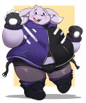 2024 anthro belly big_belly blush bottomwear bulge clothing hi_res hoodie kemono kusosensei lagomorph leporid male mammal overweight overweight_male rabbit shorts simple_background solo tokki topwear