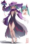  1girl absurdres animal_ears aqua_hair black_dress breasts dress fox_ears gloves hat high_heels highres humanization katress_(palworld) padoruu palworld pink_eyes plunging_neckline purple_headwear purple_sleeves reference_inset small_breasts twintails white_gloves wide_sleeves witch_hat 