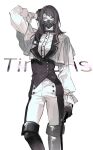  1girl bang_dream! bang_dream!_it&#039;s_mygo!!!!! boots dress_shirt gloves greyscale hand_in_own_hair highres holding holding_whip lace long_hair long_sleeves looking_at_viewer m_omoo mask monochrome mouth_mask pants shirt simple_background solo thigh_boots vest yahata_umiri 