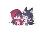  2girls :&lt; afterimage animal_costume animal_ears animal_hands bandaid bandaid_on_head bang_dream! bang_dream!_it&#039;s_mygo!!!!! basket big_bad_wolf big_bad_wolf_(cosplay) black_hair cape chibi closed_mouth commentary cosplay dress full_body gloves green_eyes grey_dress hashtag_only_commentary highres hood hood_up little_red_riding_hood little_red_riding_hood_(grimm) little_red_riding_hood_(grimm)_(cosplay) long_hair m_omoo mole mole_under_eye multiple_girls paw_gloves purple_eyes red_cape shiina_taki simple_background tail tail_wagging very_long_hair white_background wolf_costume wolf_ears wolf_girl wolf_tail yahata_umiri 