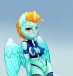  2018 abs anthro anthrofied blep blue_background blue_feathers blush breasts clothed clothing equine erect_nipples eyebrows eyelashes feathered_wings feathers female friendship_is_magic gradient_background hair hi_res legwear lightning_dust_(mlp) looking_at_viewer mammal my_little_pony navel nipples orange_eyes orange_hair pegasus portrait pose pubes pussy short_hair signature simple_background smile solo standing stockings thigh_highs three-quarter_portrait tongue tongue_out vensual99 wings 