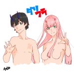  1girl bangs black_hair blue_eyes blue_horns breasts chest_scar collarbone commentary_request couple darling_in_the_franxx eyebrows_visible_through_hair green_eyes hand_up hetero hiro_(darling_in_the_franxx) horns long_hair looking_at_viewer medium_breasts no_nipples oni_horns pink_hair red_horns scar shirtless signature uchikun_palette v zero_two_(darling_in_the_franxx) 