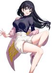  1girl :d black_hair black_shirt blush boku_no_kokoro_no_yabai_yatsu breasts brown_eyes commentary floating_hair highres jacket long_hair long_sleeves looking_at_viewer medium_breasts off_shoulder pink_footwear pink_jacket puffy_long_sleeves puffy_sleeves ribbed_shirt ririko_(zhuoyandesailaer) shirt shoes shorts simple_background smile solo very_long_hair white_background white_shorts yamada_anna 