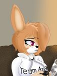 absurd_res anthro big_breasts breasts buckteeth clothing controller female freckles fur game_controller hair hi_res hoodie lagomorph leporid mammal meme mokka_(thespeedyraisin) orange_hair rabbit scott_the_woz solo tan_body tan_fur teeth thespeedyraisin topwear