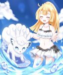  1girl alolan_vulpix bare_shoulders blonde_hair blue_sky blush closed_eyes cloud hachimi highres lillie_(pokemon) long_hair navel open_mouth pokemon pokemon_(anime) pokemon_(creature) pokemon_sm_(anime) ponytail sky surfboard swimsuit water white_swimsuit 