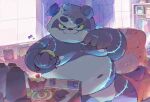 alp_(tas) anthro bear belly belly_markings blush bulge clothing detailed_background giant_panda hi_res lifewonders male mammal markings moobs navel nipples overweight solo thekingzao thong tokyo_afterschool_summoners underwear yellow_sclera