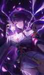  1girl absurdres breasts cleavage genshin_impact gulby highres lightning looking_at_viewer purple_eyes purple_hair raiden_shogun solo sword thighhighs thighs weapon 