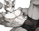 abs anthro blush bodily_fluids bottomwear boxer_briefs bulge butt canid canine canis chung0_0 clothed clothing digital_media_(artwork) eye_patch eyewear frown fur grey_body grey_fur hair hi_res looking_at_viewer male mammal mostly_nude muscular muscular_anthro muscular_male nintendo nipples pecs red_eyes simple_background solo star_fox underwear white_background white_body white_fur wolf wolf_o&#039;donnell