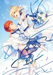  1boy 1girl :d ahoge alternate_costume arm_around_waist artoria_pendragon_(fate) bare_shoulders blonde_hair blue_background blue_choker blue_nails blue_ribbon bouquet bow carrying choker closed_mouth collarbone couple crown detached_sleeves dress emiya_shirou eye_contact fate/stay_night fate_(series) feet_out_of_frame floating_clothes floating_hair flower full_body green_eyes hair_between_eyes hair_bow hair_bun hair_ribbon hand_on_another&#039;s_shoulder happy hetero high_heels highres holding holding_bouquet juliet_sleeves knees_together_feet_apart leg_ribbon long_ribbon long_sleeves looking_at_another medium_hair mini_crown nail_polish open_mouth orange_hair otama_(atama_ohanabatake) princess_carry profile puffy_sleeves ribbon rose saber_(fate) short_hair simple_background single_hair_bun smile spiked_hair standing strapless strapless_dress teeth upper_teeth_only wedding_dress white_bow white_dress white_flower white_footwear white_rose white_sleeves yellow_eyes 