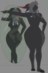2023 anthro areola baehemoth_(sheo) big_breasts big_butt black_body black_fur bovid breasts butt caprine cel_shading demon digital_drawing_(artwork) digital_media_(artwork) fallen_angel female fur genitals gesture goat grey_hair hair halo hand_on_hip hi_res hooves horn mammal nipples nude pointing pussy reflection scar shaded sheo signature simple_background solo standing tail thick_thighs