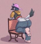 anthro avian backwards_baseball_cap backwards_hat baseball_cap big_butt bird bottomwear butt casey_(fawxythings) clothing columbid crop_top fawxythings feathers girly grey_body grey_feathers hat headgear headwear hi_res hoodie huge_butt male narrowed_eyes pants pigeon plumber&#039;s_crack rear_view shirt solo tail tail_feathers topwear yellow_eyes