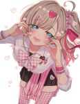  1girl accessories black_skirt blonde_hair blue_eyes bow bowtie bracelet breasts clothes_around_waist collared_shirt gradient_hair gyaru hair_ornament hair_ribbon hair_scrunchie hands_on_own_face heart highres jewelry kedarui_aashii kimi_no_koto_ga_dai_dai_dai_dai_daisuki_na_100-nin_no_kanojo large_breasts leaning_forward looking_at_viewer miniskirt multicolored_hair open_mouth pink_hair pleated_skirt popo_po731 ribbon ring scrunchie shirt skirt solo sweater sweater_around_waist thighhighs white_background white_shirt wristband zettai_ryouiki 