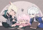  1girl 2boys :o ahoge alphinaud_leveilleur blonde_hair book closed_eyes elezen elf final_fantasy final_fantasy_xiv glasses head_tilt holding holding_book lalafell looking_at_another miqo&#039;te multiple_boys nomu_poncha open_mouth pink_hair pointing pointing_at_another pointy_ears ponytail scribble short_hair warrior_of_light_(ff14) y&#039;shtola_rhul 