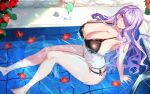  1girl alternate_costume bikini black_bikini breasts camilla_(fire_emblem) cleavage cocktail cocktail_glass commission cup drinking_glass fire_emblem fire_emblem_fates flower flower_request full_body gleam gotou_fundoshi hair_over_one_eye huge_breasts leaf long_hair looking_at_viewer navel o-ring o-ring_top outdoors pool purple_eyes purple_hair red_flower sidelocks sitting skeb_commission smile solo swimsuit water wavy_hair 