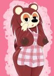 absurd_res animal_crossing anthro apron apron_only areola breasts brown_body brown_fur clothing dark_areola eulipotyphlan exposed_breasts female freckles fur glistening hedgehog hi_res mammal nintendo sable_able solo thespeedyraisin