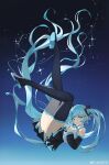  1girl absurdres black_shirt black_thighhighs blue_background blue_eyes blue_hair boots closed_mouth detached_sleeves floating gradient_background hair_ornament hatsune_miku highres kuweichuanxin_jr legs legs_up long_hair looking_at_viewer number_tattoo own_hands_together pleated_skirt shirt shoe_soles skirt solo sparkle star_(sky) tattoo thigh_boots thighhighs thighs twintails vest vocaloid weibo_logo weibo_username white_vest 