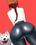  1girl absurdres artist_name ass ass_focus braid braided_ponytail brown_hair chainsaw_man dog dragonista from_behind highres huge_ass husky long_sleeves makima_(chainsaw_man) red_background red_hair self-upload shirt simple_background white_shirt 
