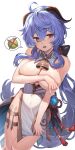  1girl absurdres ahoge bare_shoulders bell blue_hair breasts china_dress chinese_clothes covered_navel covering_breasts covering_privates detached_collar dress ganyu_(genshin_impact) genshin_impact goat_horns highres horns large_breasts neck_bell open_mouth pelvic_curtain purple_eyes side_slit sidelocks simple_background solo spoken_object sunnillust thighlet thighs topless vision_(genshin_impact) white_background 