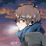  15imitation 1boy blue_scarf breath brown_eyes brown_hair closed_mouth coat dated dusk eyelashes from_side grey_coat katekyo_hitman_reborn! looking_at_viewer male_focus outdoors sawada_tsunayoshi scarf short_hair signature solo upper_body 