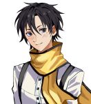  1boy alternate_hairstyle black_hair blush closed_mouth commentary grey_eyes hair_between_eyes hair_down highres joowon_(jju_oon) looking_at_viewer male_focus mochizuki_ryouji mole mole_under_eye persona persona_3 scarf shirt short_hair simple_background smile solo suspenders upper_body white_background white_shirt yellow_scarf 