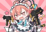  1girl apron belt black_belt black_halo black_skirt blue_archive braid bright_pupils center_frills chain chibi collared_shirt commentary dual_wielding earrings fang floral_print frilled_apron frills gun hair_between_eyes halo highres holding holding_gun holding_weapon jewelry long_sleeves looking_at_viewer maid_headdress medium_hair nejikirio neru_(blue_archive) no_nose open_clothes open_mouth outstretched_arms pink_background puffy_long_sleeves puffy_sleeves shirt single_braid skin_fang skirt solo star_(symbol) stud_earrings v-shaped_eyebrows waist_apron weapon white_apron white_pupils white_shirt 