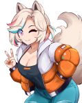  1girl animal_ears asymmetrical_hair black_camisole blonde_hair blue_eyes blue_hair breasts camisole cleavage commentary cowboy_shot denim down_jacket eyes_visible_through_hair fox_ears fox_girl fox_tail funaby_(vtuber) hair_ribbon hand_in_pocket highres jacket jeans large_breasts leaning_forward looking_at_viewer multicolored_clothes multicolored_eyes multicolored_hair multicolored_jacket one_eye_closed one_side_up orange_jacket orange_ribbon owozu pants pink_hair purple_eyes ribbon slash-ex smile solo spanish_commentary streaked_hair tail tight_clothes tight_pants two-tone_jacket v white_background white_jacket 