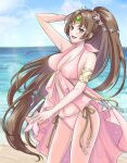  1girl :d bare_shoulders bikini blush breasts brown_eyes brown_hair circle circlet cleavage collarbone commission cowboy_shot fire_emblem fire_emblem:_mystery_of_the_emblem fire_emblem:_shadow_dragon fire_emblem_heroes groin hair_ornament highres jewelry kousetu0506 large_breasts linde_(fire_emblem) linde_(summer)_(fire_emblem) long_hair looking_at_viewer navel ocean official_alternate_costume one-piece_swimsuit open_mouth pink_bikini pink_one-piece_swimsuit ponytail sideboob skeb_commission smile solo starfish starfish_hair_ornament sunlight swimsuit very_long_hair 