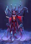  1girl adeptus_mechanicus artist_request breasts cape cyborg floating gradient_background highres large_breasts mask mechanical_arms mechanical_tentacles non-web_source simple_background smoke warhammer_40k 