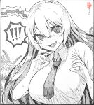  ! !! 1girl @_@ absurdres animal_ears breasts commentary_request greyscale highres ke-su large_breasts long_hair monochrome necktie open_mouth rabbit_ears rabbit_girl reisen_udongein_inaba solo spoken_exclamation_mark sweat touhou upper_body 