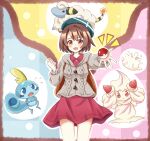  1girl :d alcremie alcremie_(strawberry_sweet) backpack bag blush brown_hair dress gloria_(pokemon) grey_jacket hachimi hat holding holding_poke_ball jacket looking_at_viewer mareep milcery open_mouth poke_ball poke_ball_(basic) pokemon pokemon_(creature) pokemon_swsh red_dress short_hair smile sobble 