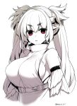  1girl bare_shoulders breasts elf long_hair original parted_lips pointy_ears red_eyes short_eyebrows simple_background solo spot_color takatsuki_ichi twintails twitter_username upper_body white_background 