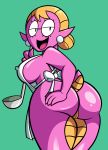  2018 amphibian anthro apron blonde_hair breasts butt clothing covered_nipples ear_piercing eyelashes eyewear female glasses grimphantom hair hi_res piercing pussy reptile salamander sally_(scalie_schoolie) scalie scalie_schoolie simple_background smile solo spring_salamander thick_thighs webcomic wide_hips 