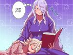  1boy 1girl blush breasts camilla_(fire_emblem) corrin_(fire_emblem) corrin_(male)_(fire_emblem) crescent english_commentary fire_emblem grid_background hair_between_eyes hair_over_one_eye lap_pillow large_breasts mnejing30 mullet nose_bubble pajamas parted_bangs purple_eyes siblings sidelocks sleeping sleeping_on_person smile sound_effects speech_bubble star_(symbol) two-tone_background white_hair 