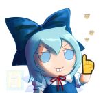  1girl blue_dress blue_eyes blue_hair buck_teeth cirno closed_mouth commentary dress emoji english_commentary fumo_(doll) hand_up index_finger_raised looking_at_viewer meme neck_ribbon nerd_emoji pointing pointing_up red_ribbon ribbon short_hair simple_background skullchimes smile solo teeth touhou upper_body v-shaped_eyebrows white_background 