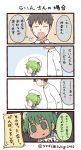  1boy 1girl 4koma =3 artist_name closed_eyes collared_shirt comic commentary_request empty_eyes green_eyes green_hair hat holding holding_sign line_(naver) long_sleeves personification sailor_hat shirt short_hair sign spoken_sweatdrop sweatdrop translation_request tsukigi twitter-san twitter_username two_side_up v-shaped_eyebrows white_hat white_shirt 