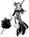  1girl abs boots cross cross_necklace elf gibril_(isekai_samurai) greyscale hand_on_own_hip highres holding holding_polearm holding_weapon isekai_samurai jewelry jin_(mugenjin) long_hair long_legs monochrome necklace nun pointy_ears polearm smile solo spear tattoo thighs toned weapon 