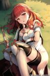  1girl absurdres armor armored_boots bare_shoulders black_gloves boots celica_(fire_emblem) deviantart_logo deviantart_username dress earrings fingerless_gloves fire_emblem fire_emblem_echoes:_shadows_of_valentia flower gloves hairband highres instagram_logo jewelry long_hair looking_at_viewer lying on_side pixiv_logo red_eyes red_hair ryo-suzuki solo sword thighhighs tiara tumblr_logo twitter_logo twitter_username weapon white_dress zettai_ryouiki 