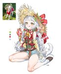  1girl :q animal_ears animal_feet artist_name bell bow denim denim_shorts food fruit goat goat_ears goat_girl goat_horns goat_tail hat hat_bow head_wreath highres holding holding_food holding_ice_cream hooves horns humanization ice_cream jingle_bell long_hair looking_at_viewer ohw8g original photo-referenced rectangular_pupils red_bow red_ribbon reference_inset ribbon shorts sidelocks simple_background sitting solo straw_hat strawberry tongue tongue_out very_long_hair white_background white_hair yellow_eyes yokozuwari 